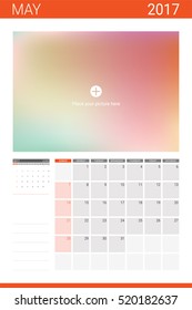 May 2017 calendar with space for picture and blank lines for writing notes