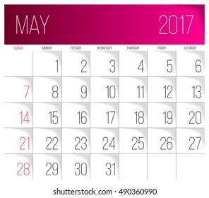 May 2017 calendar template. Week Starts on Sunday.