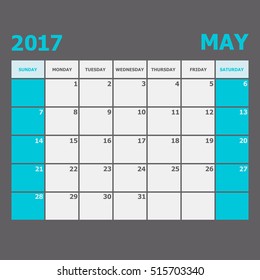 May 2017 calendar week starts on Sunday, stock vector