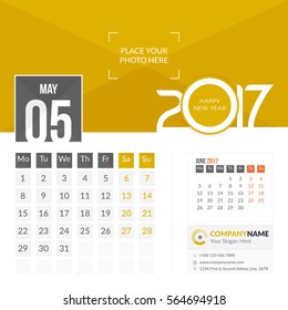 May 2017. Calendar for 2017 Year. 2 Months on Page. Vector Design. Template with Place for Photo and Company Logo