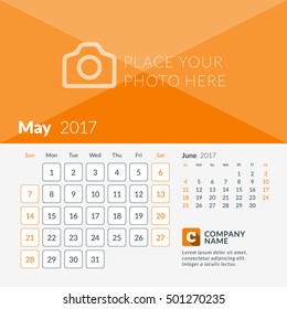 May 2017. Calendar for 2017 Year. Week Starts Sunday. 2 Months on Page. Vector Design Print Template with Place for Photo and Company Logo