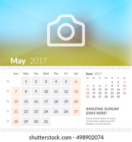 May 2017. Desk Calendar for 2017 Year. Week Starts Sunday. 2 Months on Page. Vector Design Print Template with Place for Photo