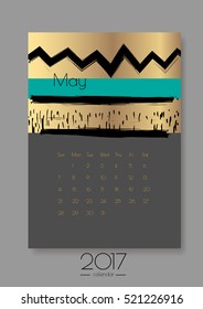 May 2017 vector calendar. Creative image on a gold foil background. Can be used as printed or screen image.