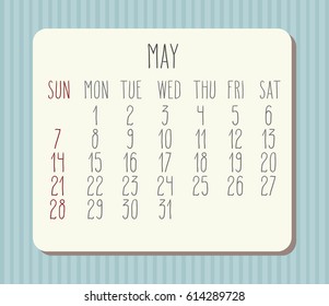 May 2017 vector calendar with hand drawn text over pastel blue striped background. Week starting from Sunday.