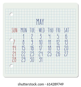 May 2017 vector calendar on a squared notebook page. Week starting from Sunday. Hand written typography.