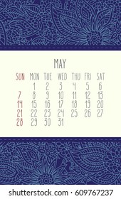 May 2017 vector calendar over blue lacy doodle hand drawn background, week starting from Sunday.