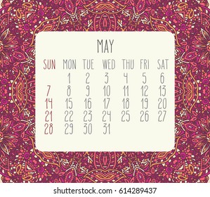 May 2017 vector calendar over pink lacy doodle hand drawn background, week starting from Sunday.