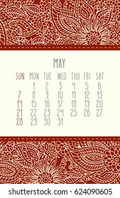May 2017 vector calendar over lacy doodle red hand drawn background, week starting from Sunday.