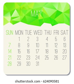 May 2017 vector calendar. Week starting from Sunday. Contemporary low poly design in vibrant green color.