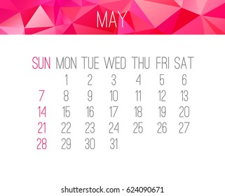 May 2017 vector calendar. Week starting from Sunday. Contemporary low poly design in hot pink color.
