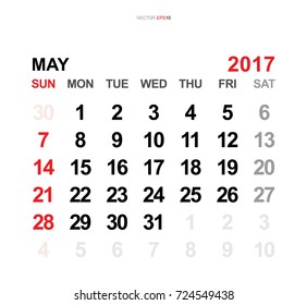 May 2017. Vector monthly calendar template 2017 year in simple style for template design. Week starts from Sunday.