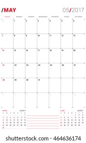 May 2017. Vector Print Template. Monthly Calendar Planner for 2017 Year. Week Starts Sunday. 3 Months on the Page. Stationery Design