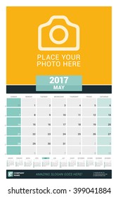 May 2017. Wall Monthly Calendar for 2017 Year. Vector Design Print Template with Place for Photo and Year Calendar. Week Starts Sunday