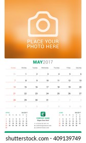 May 2017. Wall Monthly Calendar for 2017 Year. Vector Design Print Template with Place for Photo. Week Starts Sunday. 3 Months on Page