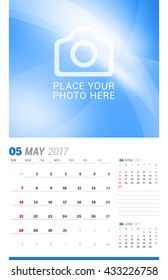 May 2017. Wall Monthly Calendar for 2017 Year. Vector Design Print Template with Place for Photo. Week Starts Sunday. 3 Months on Page. Planner Template. Stationery Design