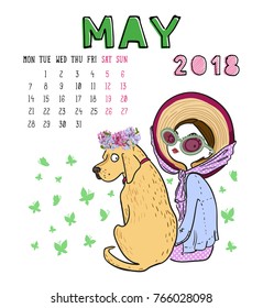 May. 2018 calendar. Cute girl with dog. Can be used like greeting cards.