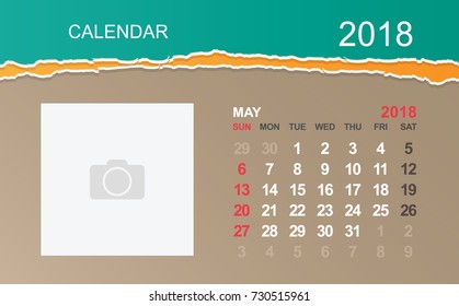 May 2018 Calendar on ripped paper background with area for picture or graphic design. Vector illustration.