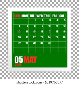 May 2018 calendar photo frame on transparent background. Spring month. Vector illustration