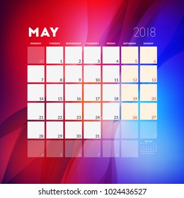 May 2018. Calendar planner design template with abstract background. Week starts on Monday