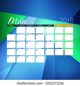 May 2018. Calendar planner design template with abstract background. Week starts on Monday