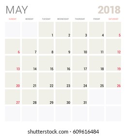 May 2018. Calendar planner design template. Week starts on Sunday. Stationery design
