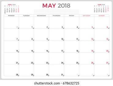 May 2018. Calendar planner design template. Week starts on Monday. Stationery design