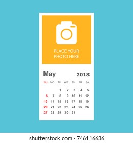 May 2018 calendar. Calendar planner design template with place for photo. Week starts on sunday. Business vector illustration.