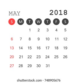 May 2018 calendar. Calendar planner design template. Week starts on Sunday. Business vector illustration.
