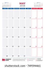 May 2018. Calendar planner design template. Portrait orientation. Week starts on Monday. Stationery design