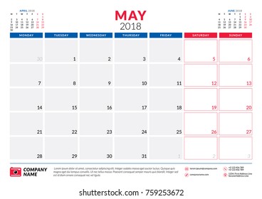 May 2018. Calendar planner design template. Week starts on Monday. Stationery design