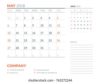 May 2018. Calendar planner design template. Week starts on Sunday. Stationery design