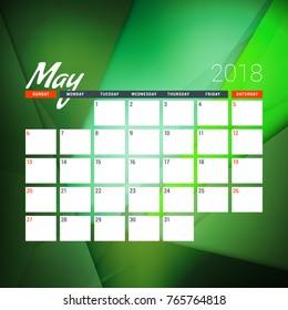 May 2018. Calendar planner design template with abstract green background. Week starts on Sunday