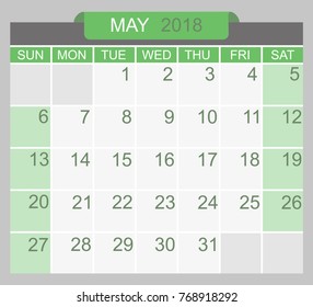 May 2018. Calendar planner design template. Week starts on Sunday.