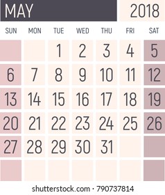 May 2018 Calendar planner design template. Lokanichny style. Vector