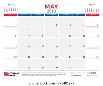 May 2018. Calendar planner design template. Week starts on Sunday. Stationery design