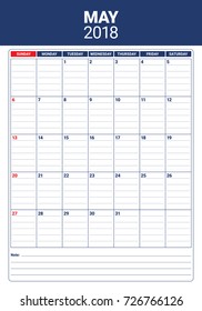May 2018 calendar planner vector illustration, simple and clean design. 