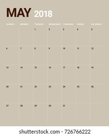 May 2018 calendar planner vector illustration, simple and clean design. 
