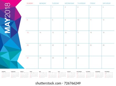 May 2018 calendar planner vector illustration, simple and clean design. 