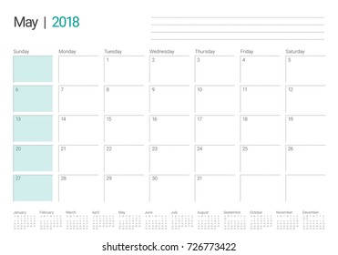 May 2018 calendar planner vector illustration, simple and clean design. 
