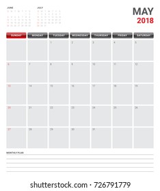 May 2018 calendar planner vector illustration, simple and clean design. 