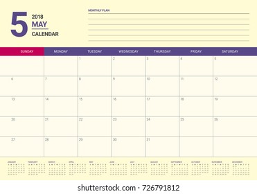 May 2018 calendar planner vector illustration, simple and clean design. 