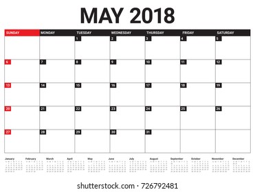 May 2018 calendar planner vector illustration, simple and clean design. 
