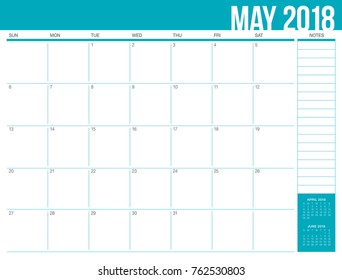 May 2018 calendar planner vector illustration, simple and clean design. 