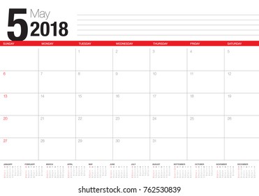 May 2018 calendar planner vector illustration, simple and clean design. 