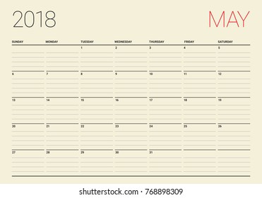 May 2018 calendar planner vector illustration, simple and clean design. 