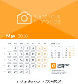 May 2018. Calendar print template for 2018 year. Week starts on Monday. Vector design template with place for photo