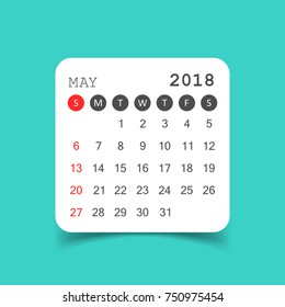 May 2018 calendar. Calendar sticker design template. Week starts on Sunday. Business vector illustration.