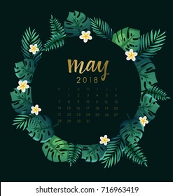 May : 2018 Calendar Template with Exotic Tropical Leaves : Vector Illustration