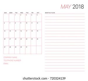May 2018 desk calendar vector illustration, simple and clean design.