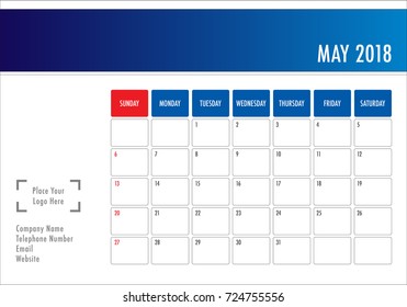 May 2018 desk calendar vector illustration, simple and clean design.